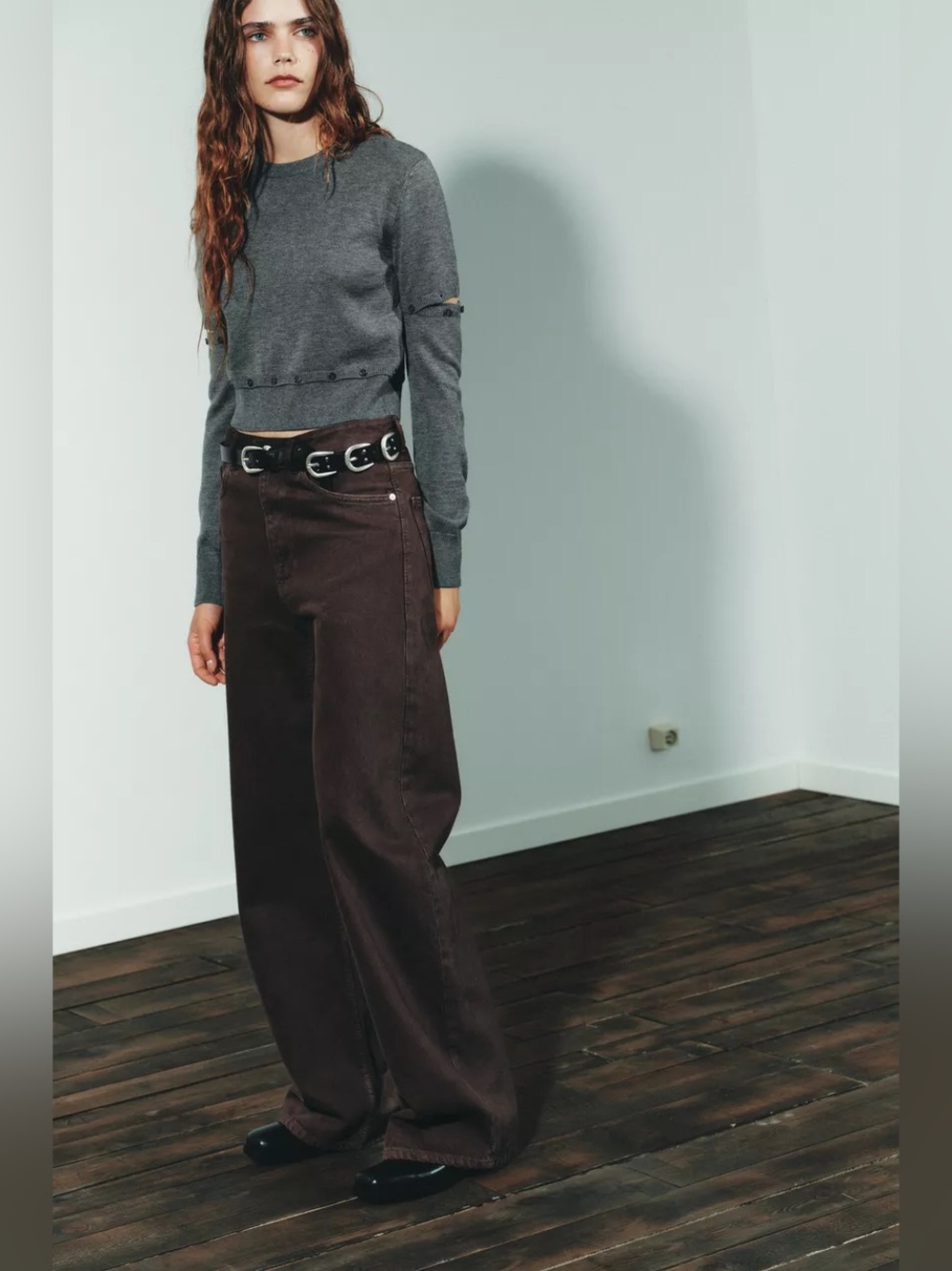 Zara Extra Wide Leg Jeans Size 6 Dark Brown High Rise Cotton Denim